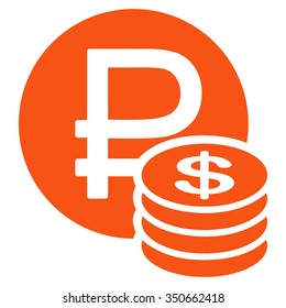 Rouble And Dollar Coins vector icon. Style is flat symbol, orange color, rounded angles, white background.