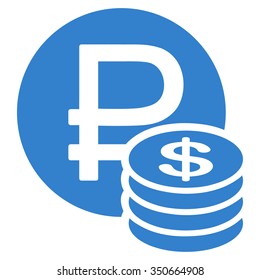 Rouble And Dollar Coins vector icon. Style is flat symbol, cobalt color, rounded angles, white background.