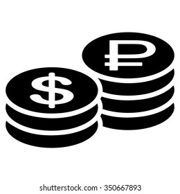 Rouble And Dollar Coins vector icon. Style is flat symbol, black color, rounded angles, white background.