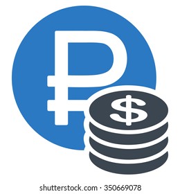 Rouble And Dollar Coins vector icon. Style is bicolor flat symbol, smooth blue colors, rounded angles, white background.