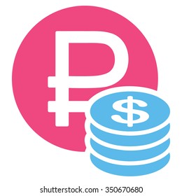 Rouble And Dollar Coins vector icon. Style is bicolor flat symbol, pink and blue colors, rounded angles, white background.