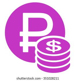 Rouble And Dollar Coins vector icon. Style is flat symbol, violet color, rounded angles, white background.
