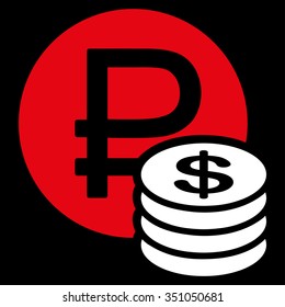 Rouble And Dollar Coins vector icon. Style is bicolor flat symbol, red and white colors, rounded angles, black background.
