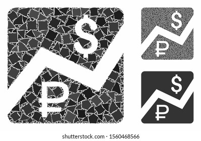 Rouble and dollar finances mosaic of abrupt parts in different sizes and shades, based on rouble and dollar finances icon. Vector tuberous parts are united into collage.