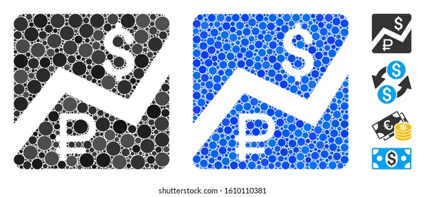 Rouble and dollar finances mosaic of circle elements in variable sizes and color tinges, based on rouble and dollar finances icon. Vector circle elements are united into blue mosaic.