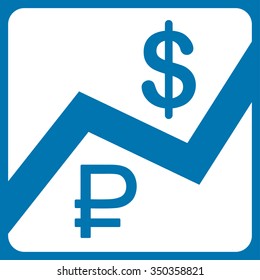 Rouble And Dollar Finances vector icon. Style is flat symbol, white color, rounded angles, blue background.