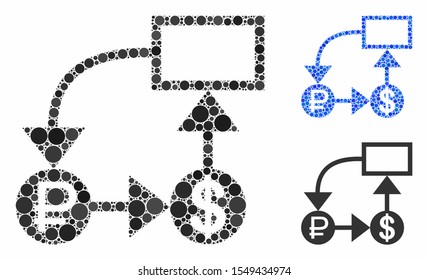 Rouble and dollar scheme mosaic of circle elements in different sizes and color tones, based on rouble and dollar scheme icon. Vector circle elements are organized into blue composition.