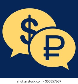 Rouble Dollar Transaction vector icon. Style is flat symbol, yellow color, blue background.