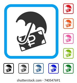 Rouble Financial Safety icon. Flat grey pictogram symbol in a light blue rounded squared frame. Black, gray, green, blue, red, orange color additional versions of Rouble Financial Safety vector.