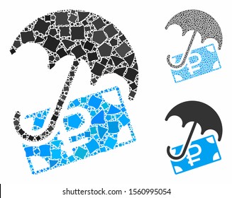 Rouble financial safety mosaic of inequal pieces in variable sizes and color tinges, based on rouble financial safety icon. Vector bumpy pieces are grouped into illustration.