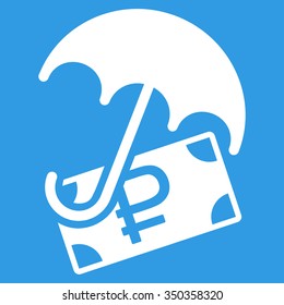 Rouble Financial Safety vector icon. Style is flat symbol, white color, rounded angles, blue background.