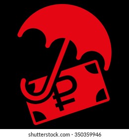 Rouble Financial Safety vector icon. Style is flat symbol, red color, rounded angles, black background.