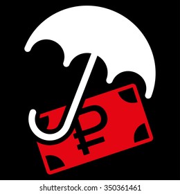 Rouble Financial Safety vector icon. Style is bicolor flat symbol, red and white colors, rounded angles, black background.