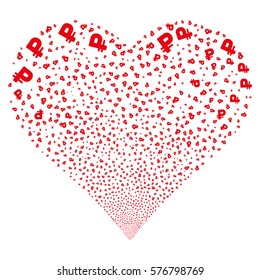 Rouble fireworks with heart shape. Vector illustration style is flat red iconic symbols on a white background. Object valentine heart combined from scattered pictograms.