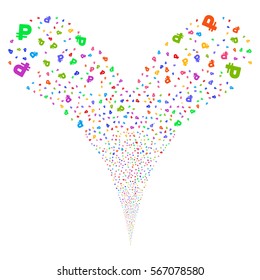 Rouble fireworks stream. Vector illustration style is flat bright multicolored iconic symbols on a white background. Object double fountain combined from random icons.