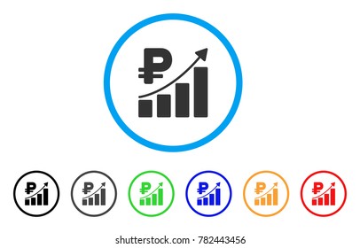Rouble Growth Trend rounded icon. Style is a flat gray symbol inside light blue circle with bonus colored versions. Rouble Growth Trend vector designed for web and software interfaces.