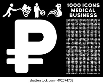 Rouble icon with 1000 medical commerce white vector design elements. Set style is flat symbols, black background.