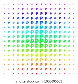 Rouble icon rainbow colored halftone pattern. Vector rouble objects organized into halftone grid with vertical spectral gradient. Designed for backgrounds, covers and abstraction compositions.