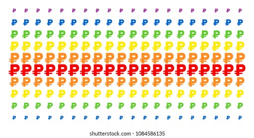 Rouble icon spectrum halftone pattern. Vector symbols arranged into halftone array with vertical rainbow colors gradient. Designed for backgrounds, covers, templates and abstract concepts.