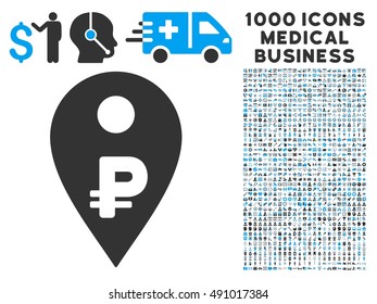 Rouble Map Marker icon with 1000 medical commerce gray and blue vector pictographs. Design style is flat bicolor symbols, white background.