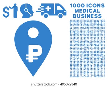 Rouble Map Marker icon with 1000 medical commerce cobalt vector pictographs. Set style is flat symbols, white background.