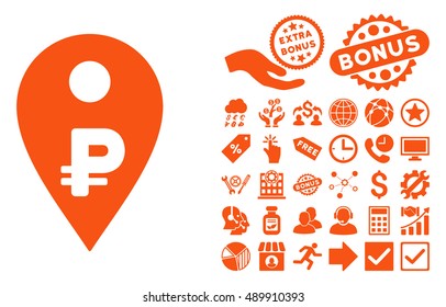 Rouble Map Marker icon with bonus images. Vector illustration style is flat iconic symbols, orange color, white background.