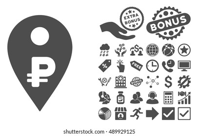 Rouble Map Marker icon with bonus pictograph collection. Vector illustration style is flat iconic symbols, gray color, white background.