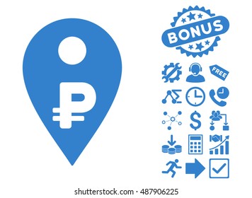 Rouble Map Marker pictograph with bonus elements. Vector illustration style is flat iconic symbols, cobalt color, white background.