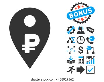 Rouble Map Marker pictograph with bonus pictograph collection. Vector illustration style is flat iconic bicolor symbols, blue and gray colors, white background.