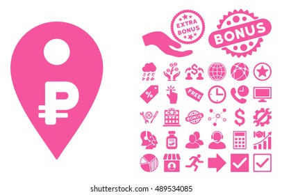 Rouble Map Marker pictograph with bonus clip art. Vector illustration style is flat iconic symbols, pink color, white background.