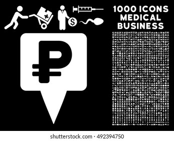 Rouble Map Pointer icon with 1000 medical commerce white vector design elements. Design style is flat symbols, black background.