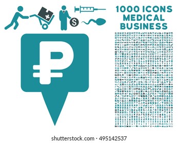 Rouble Map Pointer icon with 1000 medical commercial soft blue vector pictographs. Clipart style is flat bicolor symbols, white background.