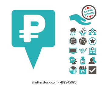 Rouble Map Pointer icon with bonus pictogram. Vector illustration style is flat iconic bicolor symbols, grey and cyan colors, white background.