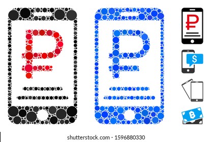 Rouble mobile payment mosaic of round dots in various sizes and shades, based on rouble mobile payment icon. Vector round dots are composed into blue mosaic.