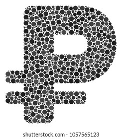 Rouble mosaic of round dots in variable sizes and color hues. Round dots are combined into rouble vector illustration. Vector illustration.
