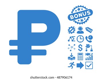 Rouble pictograph with bonus pictograph collection. Vector illustration style is flat iconic symbols, cobalt color, white background.