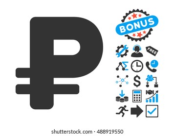 Rouble pictograph with bonus icon set. Vector illustration style is flat iconic bicolor symbols, blue and gray colors, white background.