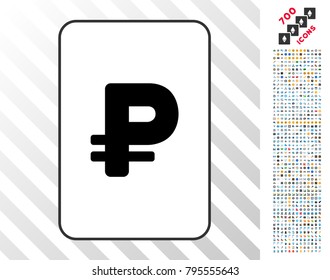 Rouble playing card pictograph with 7 hundred bonus bitcoin mining and blockchain pictures. Flat vector style for gambling and crypto currency apps.