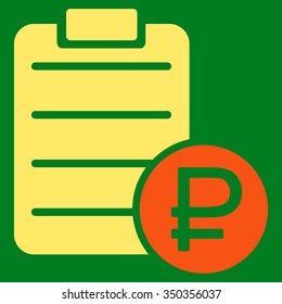 Rouble Price List vector icon. Style is bicolor flat symbol, orange and yellow colors, rounded angles, green background.