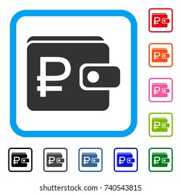 Rouble Purse icon. Flat grey iconic symbol inside a light blue rounded squared frame. Black, gray, green, blue, red, orange color variants of Rouble Purse vector.