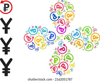 Rouble refund icon multi colored curl abstract flower composition. Object flower with four petals done from scattered rouble refund items. Vector flower icon collage in flat style.