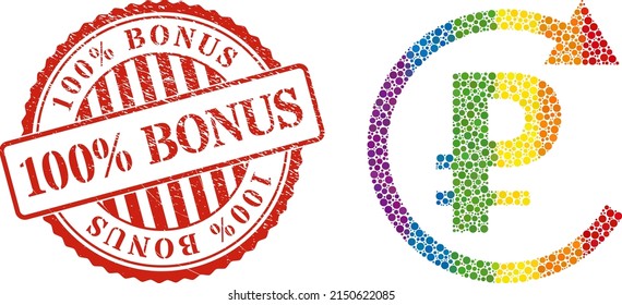 Rouble repay collage icon of circle elements in variable sizes and rainbow color tinges. Red round grunge stamp with 100 Percent Bonus message. A dotted LGBT- colored rouble repay for lesbians, gays,
