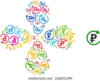 Icono de devolución de rublos flor de explosión multicolor con composición de cuatro pétalos. Giro de elemento organizado a partir de artículos aleatorios de amortización de rublos. Collage de iconos de flor vectorial en estilo plano.
