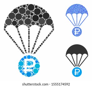 Rouble rescue composition of filled circles in different sizes and color tints, based on rouble rescue icon. Vector filled circles are combined into blue composition.