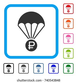 Rouble Rescue icon. Flat gray iconic symbol in a light blue rounded squared frame. Black, gray, green, blue, red, orange color variants of Rouble Rescue vector. Designed for web and app interfaces.