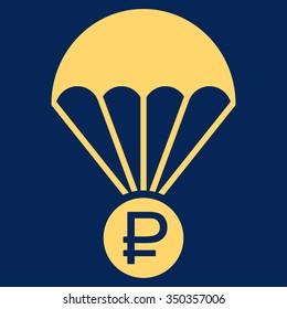 Rouble Rescue vector icon. Style is flat symbol, yellow color, rounded angles, blue background.