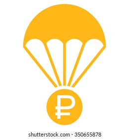 Rouble Rescue vector icon. Style is flat symbol, yellow color, rounded angles, white background.
