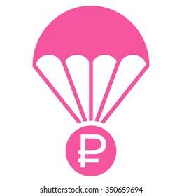 Rouble Rescue vector icon. Style is flat symbol, pink color, rounded angles, white background.