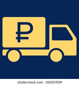 Rouble Shipment vector icon. Style is flat symbol, yellow color, rounded angles, blue background.
