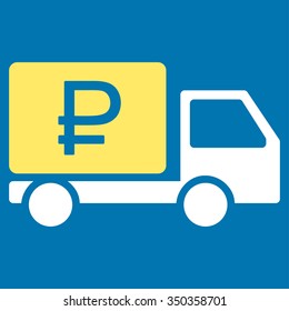 Rouble Shipment vector icon. Style is bicolor flat symbol, yellow and white colors, rounded angles, blue background.